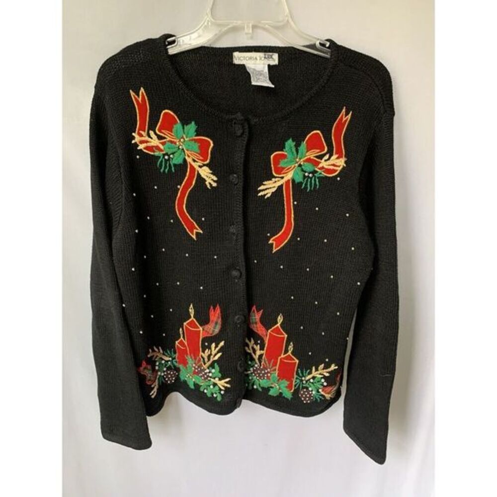 Women's M Vintage Ugly Christmas Sweater Candles Bows Victoria Jones Embroidered